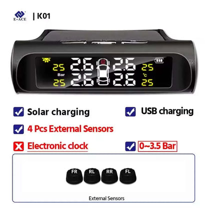 E-ACE Car Solar Tire Pressure TPMS Monitoring System Solar Power Digital tpms Display Security Alarm Tyre 4Wheel Pressure Sensor
