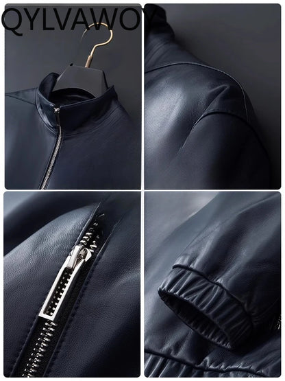 QYLVAWOY 2025 Winter New Real Leather Men's Leather Jacket Thickened Removable Goose Down Stand-Up Collar Blue Outerwear LJ2635