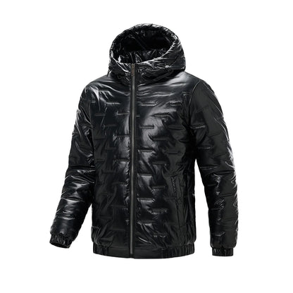 Men's Winter Solid Color Glossy Hooded Cotton Jacket, Windproof, Waterproof and Thickened, Suitable for Outdoor Sports and Leisure