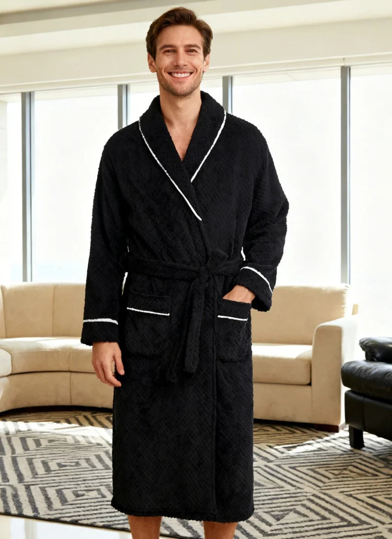 Men Coral Fleece Bathrobe Ultra Soft Jacquard Plush Long Sleeve White Trim with Pockets for Winter Home Luxury Warm Loungewear C