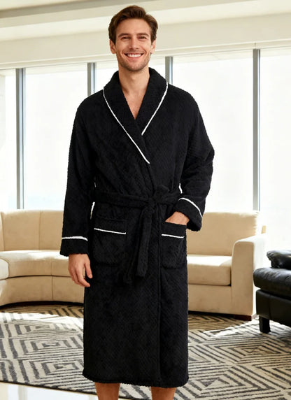 Men Coral Fleece Bathrobe Ultra Soft Jacquard Plush Long Sleeve White Trim with Pockets for Winter Home Luxury Warm Loungewear C