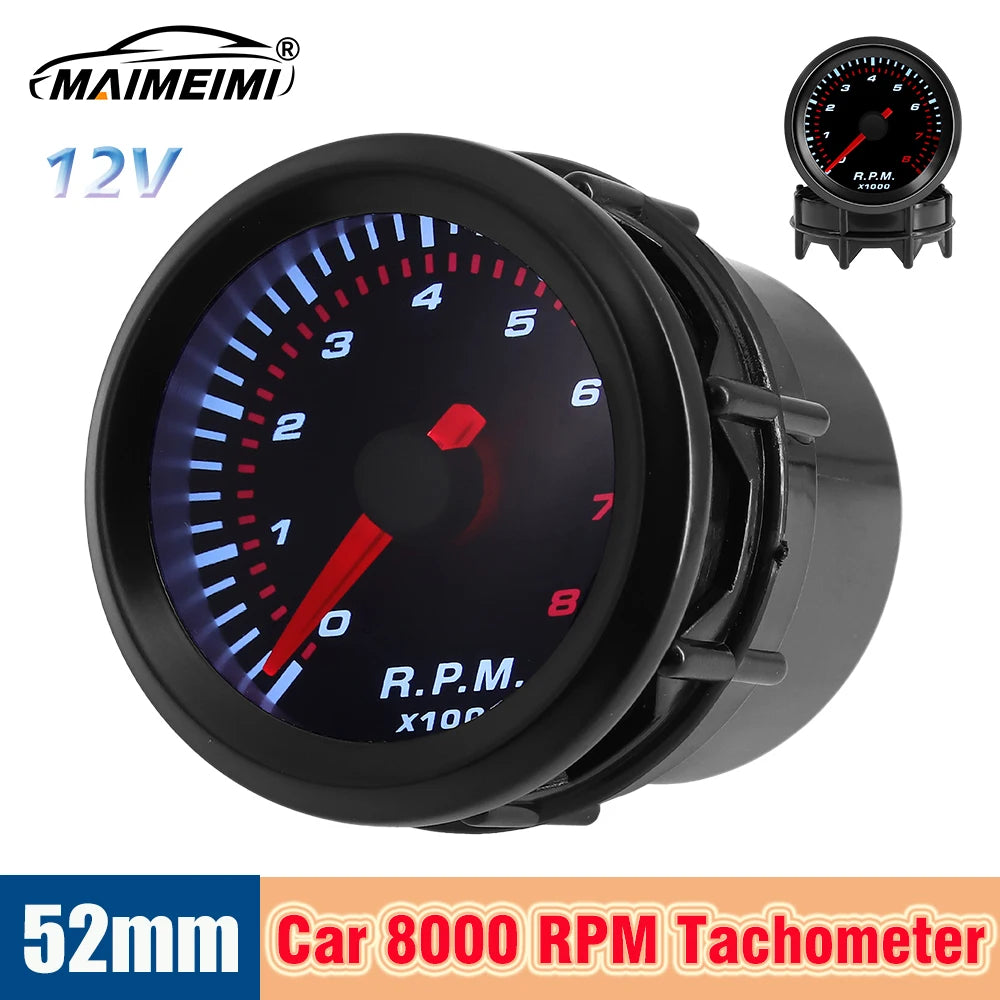 0~8000 RPM Meter Smoke Lens 2" 52mm Universal Car Motor White Led Meter Pointer Tachometer