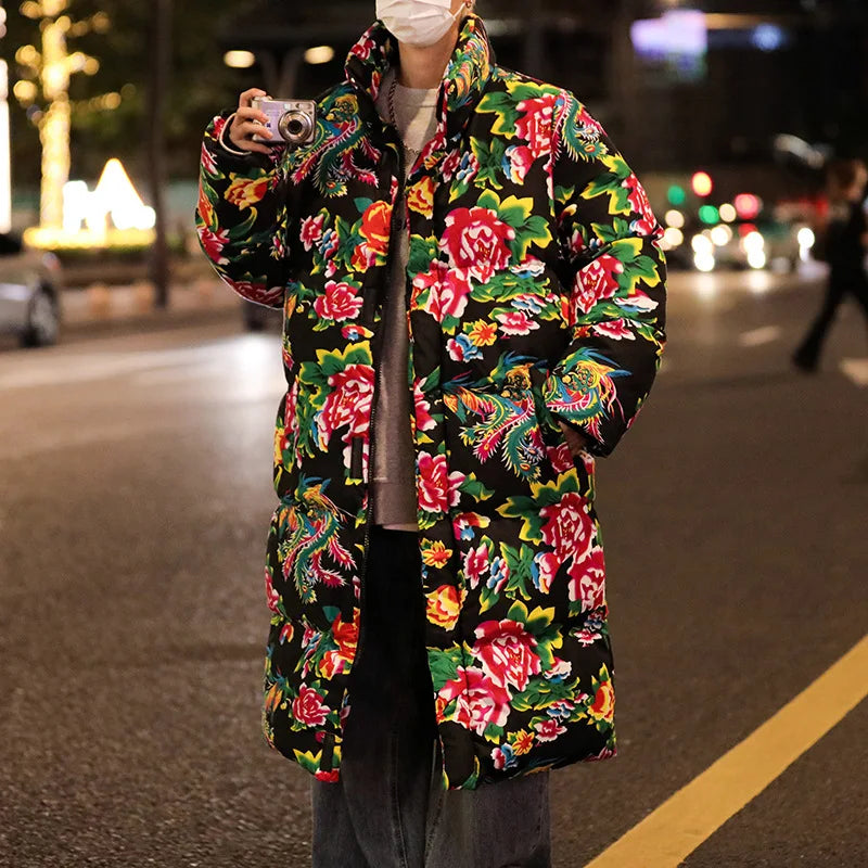 Thickened Long over Knee Hooded Fleece Lined Northeast Big Flower Coat Men's Cotton Jacket Youth Fashion Sport Scene Casual Coat