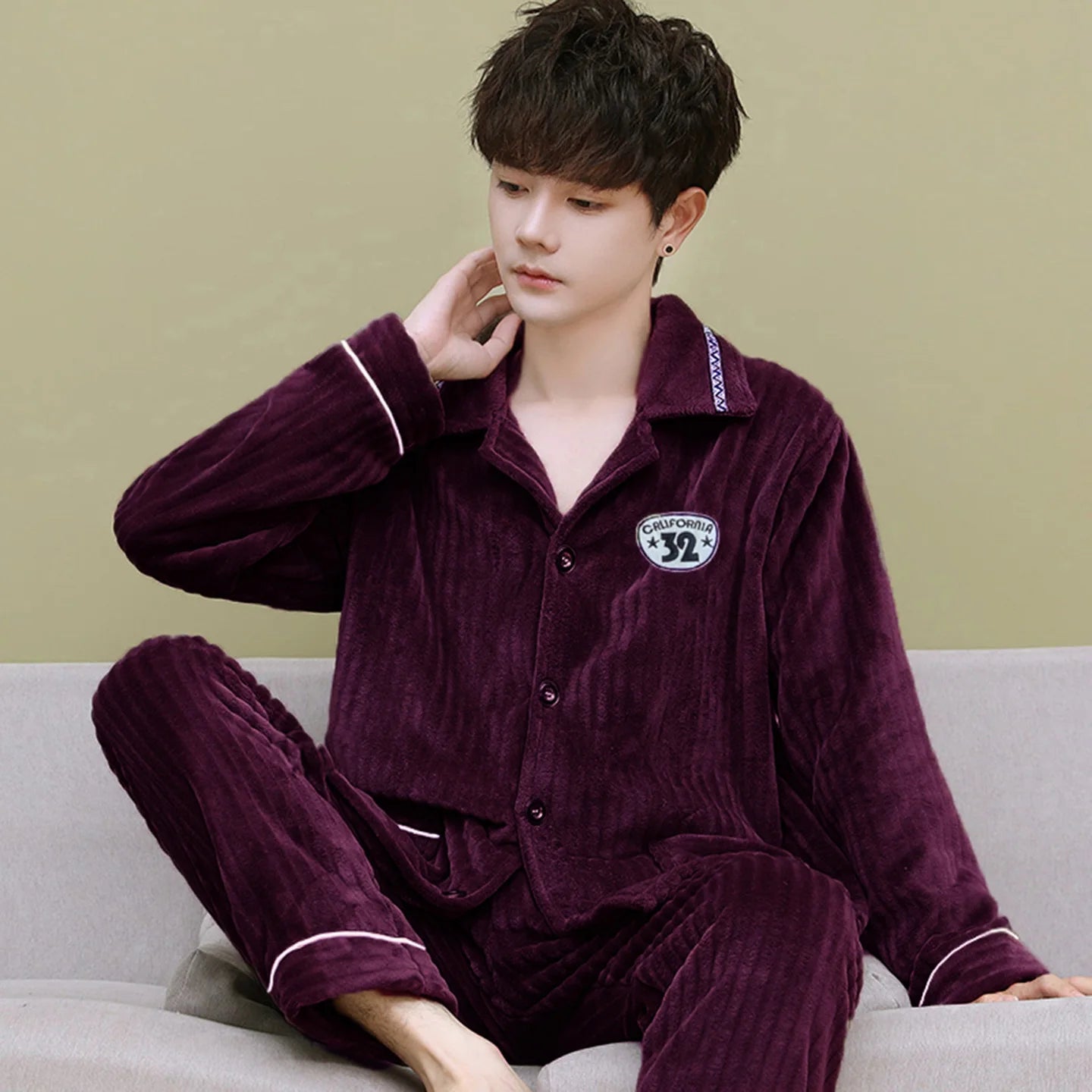 Men's Thickened Flannel Pajamas Coral Fleece Home Clothes Cardigan Set Long Sleeve Long Pants Soft Warm Winter Autumn Sleepwear