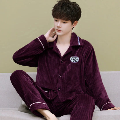 Men's Thickened Flannel Pajamas Coral Fleece Home Clothes Cardigan Set Long Sleeve Long Pants Soft Warm Winter Autumn Sleepwear