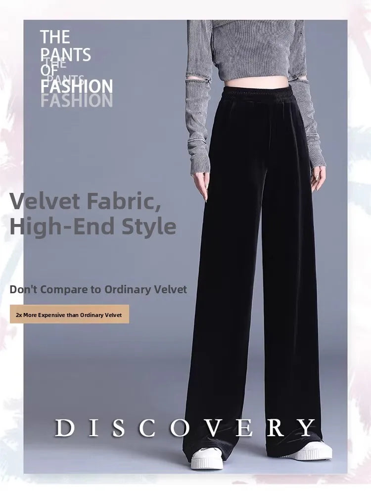 Slim Fit Velvet Wide Leg Pants Winter New Style plus Size Warm Fleece High Waist Elastic Korean Velvet Pants for Women