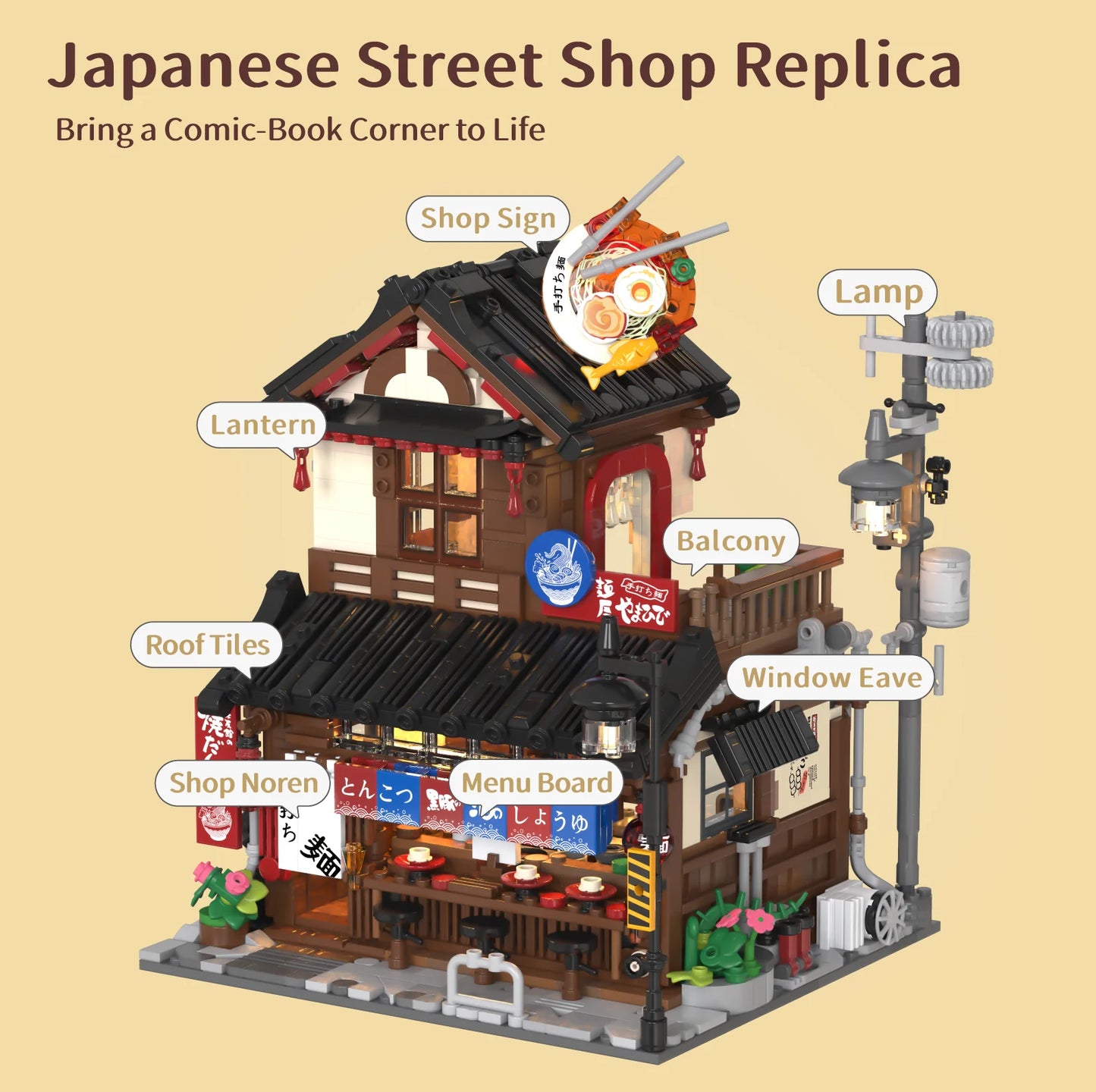 1670PCS Japanese Ramen Restaurant with Lights Building Blocks Set, City Street Scene Architectural Model Ornament, Birthday Gift