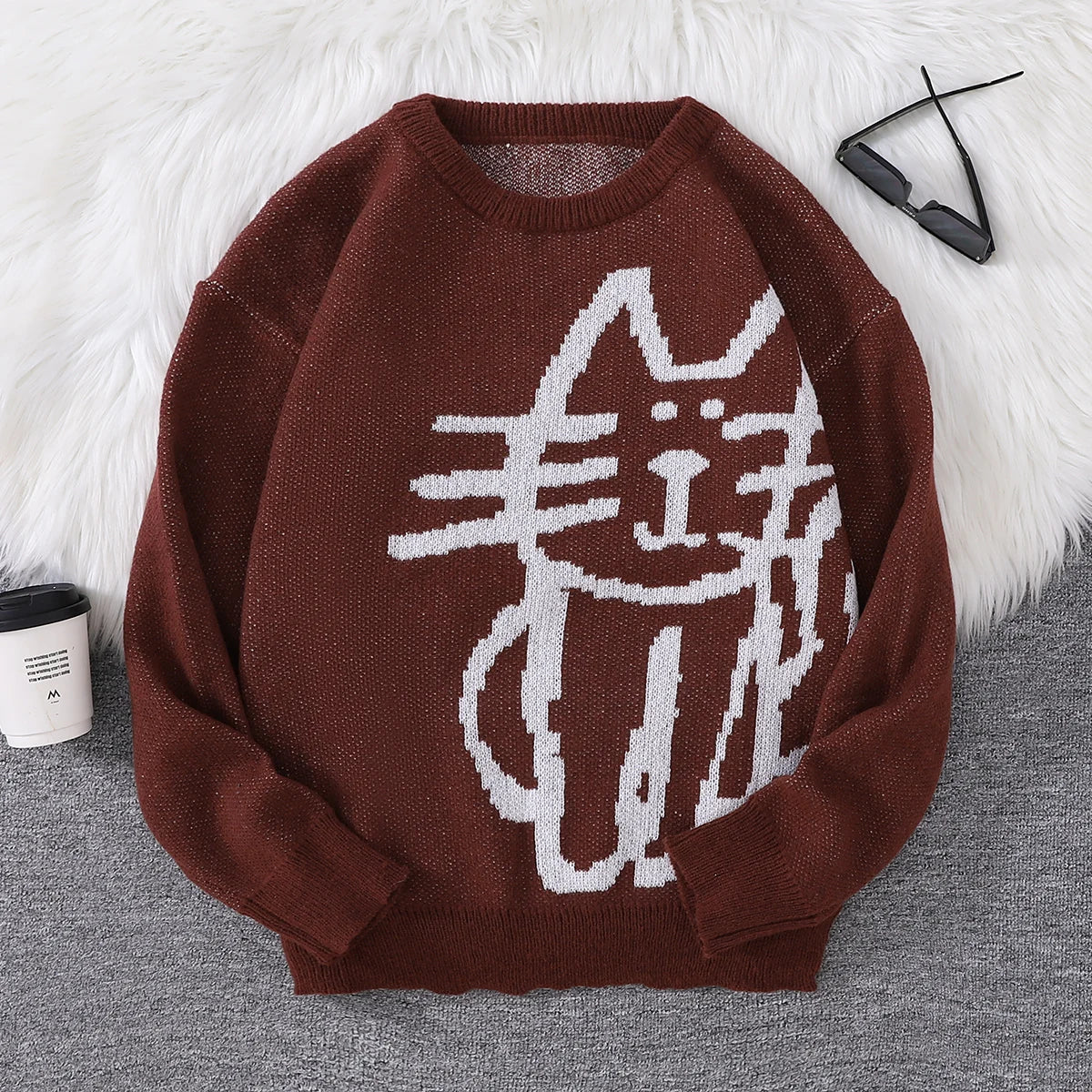 Autumn and Winter Abstract Kitten Jacquard Pattern Pullover Sweater Casual Round Neck Knitted Men's Pullover
