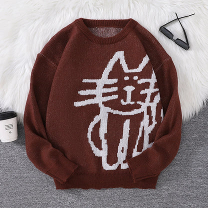 Autumn and Winter Abstract Kitten Jacquard Pattern Pullover Sweater Casual Round Neck Knitted Men's Pullover