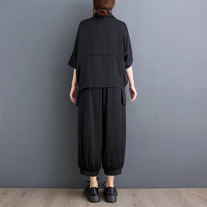 Summer New Loose Artistic Bamboo Print Cross Irregular irt Wide Leg Pants Two Piece Set Good Quali plus Size Faionable