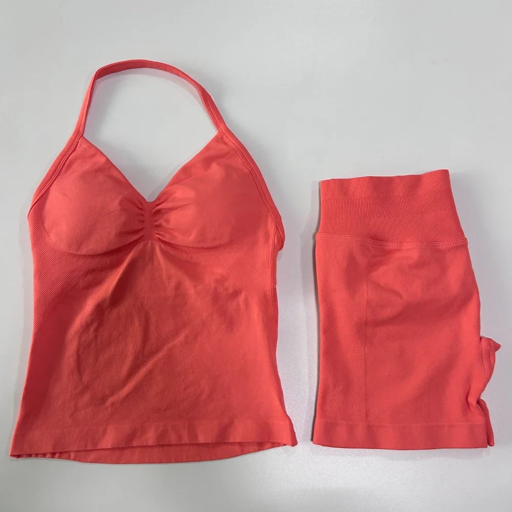 2 Pieces Sports Set Women Backless Tank Yoga Tops High Waist Scrunch Seamless Shorts Sport Gym Set Sportswear Workout Set
