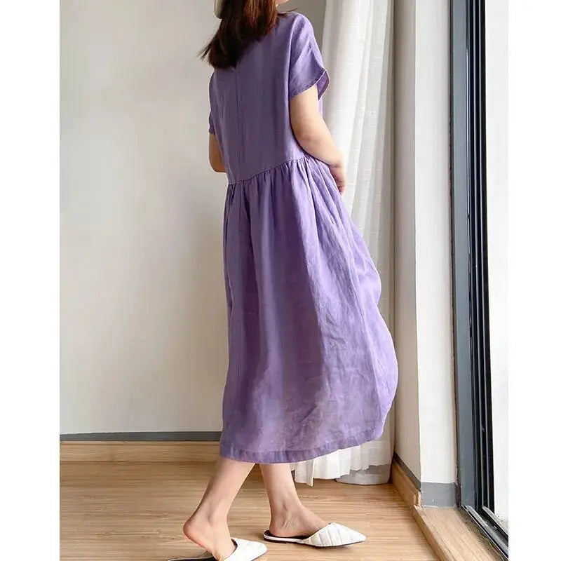 Casual Cotton Linen Dress Artistic Short Sleeve Midi Skirt Women's Fashion Summer round Neck Single Piece A-Line Skirt