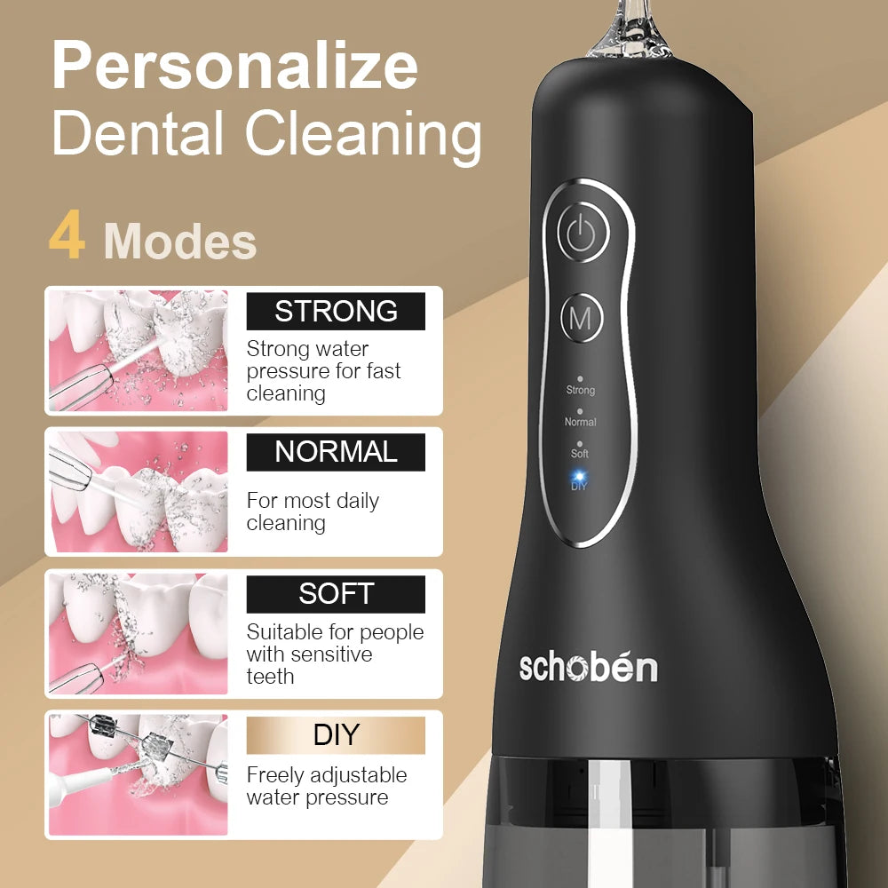 Schoben Water Flosser 2.0, a portable oral irrigator, is a rechargeable electric flosser featuring 4 cleaning modes, 5 nozzles,