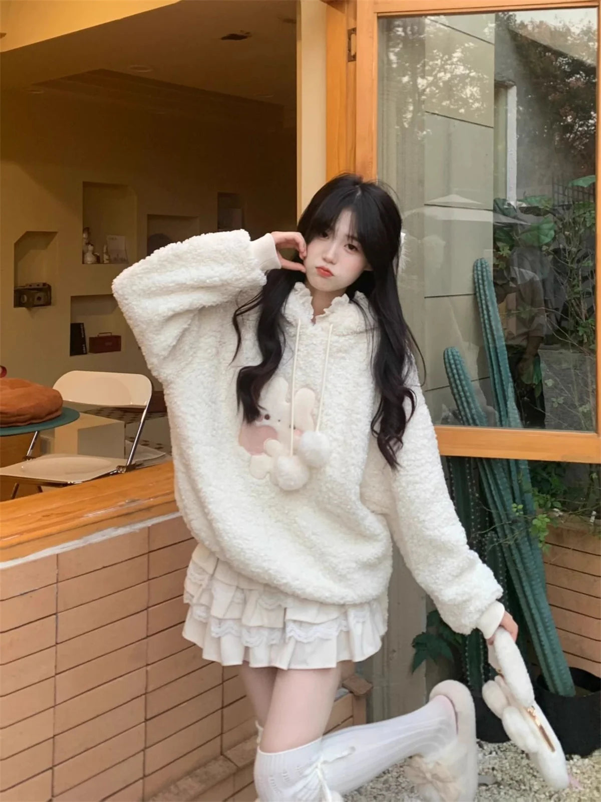 Winter Design Sense Hoodies Warm Rabbit Long Ears Women Sweatshirt Girl Lolita Hooded Zip-up Casual Sweatshirts Harajuku Hoodie
