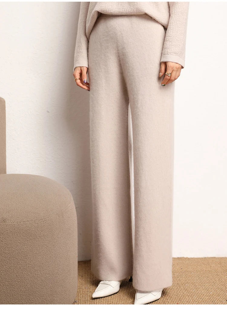 Women's 100% Cashmere Wide Leg Pants Knitted Thick Autumn/Winter Casual Solid Color Elastic Waistband Pockets