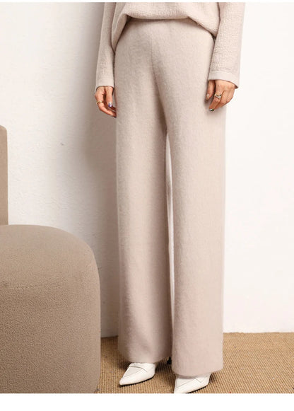 Women's 100% Cashmere Wide Leg Pants Knitted Thick Autumn/Winter Casual Solid Color Elastic Waistband Pockets