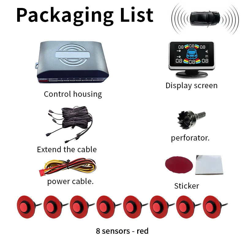 16.5mm 8 Parking Sensor LCD Display Voice Prompt Multi-Language 0.3-2.5M Detect Waterproof Car Reversing Radar