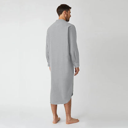 Blue Color Long Sleeved Muslim Long Shirt for Men Solid Cotton Linen Robes Muslim Fashion Arabia Man abaya