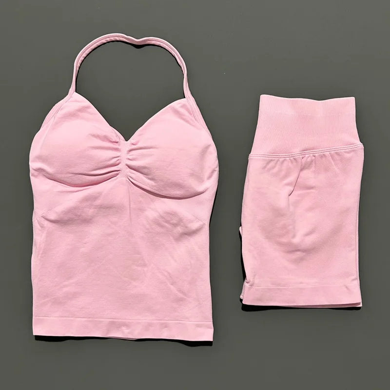 HISTELLO 2 Pieces Sports Set Women Yoga Longline Strap Top Scrunch Seamless Shorts Sport Gym Set Sportswear Workout Fitness Set