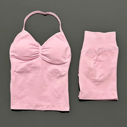 HISTELLO 2 Pieces Sports Set Women Yoga Longline Strap Top Scrunch Seamless Shorts Sport Gym Set Sportswear Workout Fitness Set