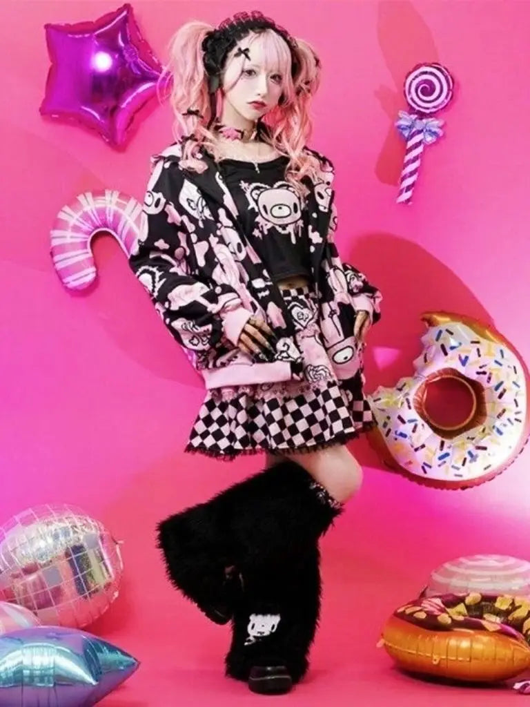Street Style Harajuku Bear Hoodie Sweatshirt Sweet Cool Candy Pink Violent Bear Subculture Outerwear Loose Fit Long Sleeve