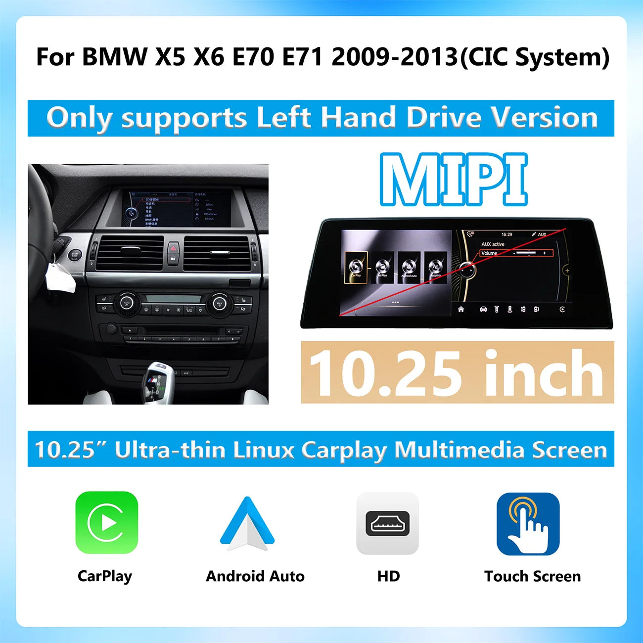 Wireless CarPlay Android Auto Display Multimedia Player For BMW X5 X6 F15 E70 E71 2009-2017 NBT CIC GPS Touch Screen 1920*720