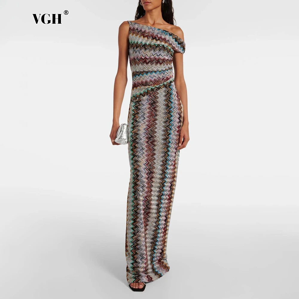 VGH Vacations Colorful Print Maxi Dress for Women Off One Shoulder Slimming Zigzag Design Asymmetrical Skirt for Casual Outings