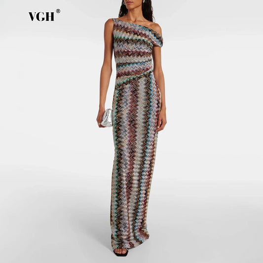 VGH Vacations Colorful Print Maxi Dress for Women Off One Shoulder Slimming Zigzag Design Asymmetrical Skirt for Casual Outings