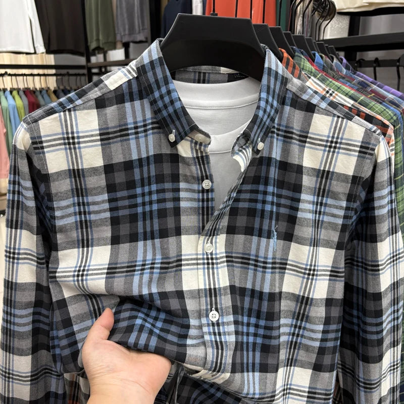 American-style Plaid Long-sleeve Shirt for Men, Pure Cotton Casual Trendy Brand Embroidered Red Shirt Top for Spring and Autumn
