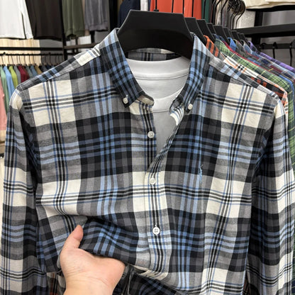 American-style Plaid Long-sleeve Shirt for Men, Pure Cotton Casual Trendy Brand Embroidered Red Shirt Top for Spring and Autumn