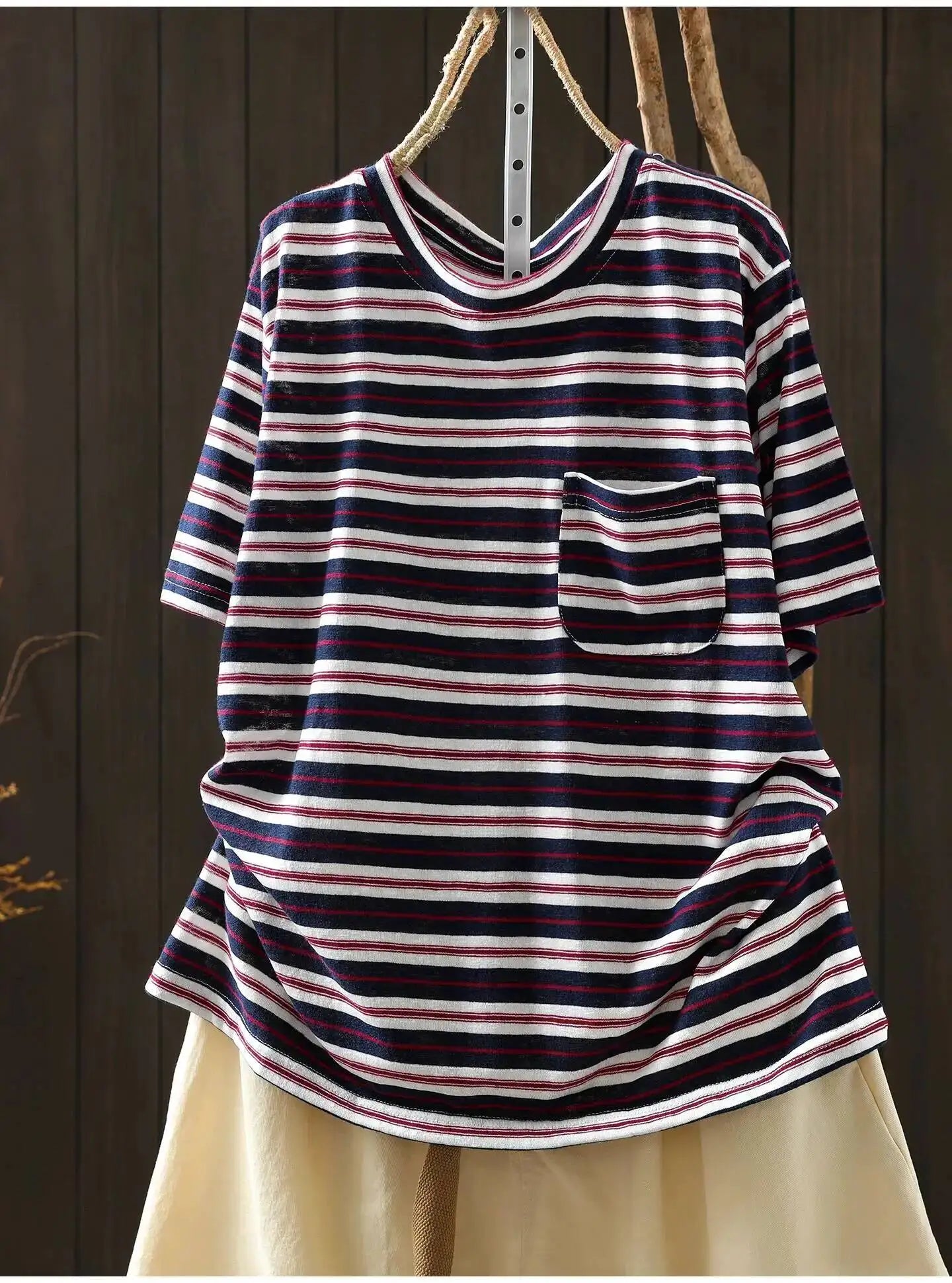 Women Summer Short-sleeve T-shirt 2026 Summer New Stylish Striped Single-pocket Loose T-shirt ZXY154
