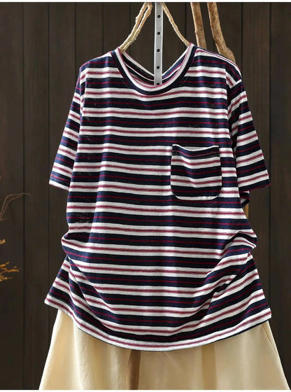 Women Summer Short-sleeve T-shirt 2026 Summer New Stylish Striped Single-pocket Loose T-shirt ZXY154