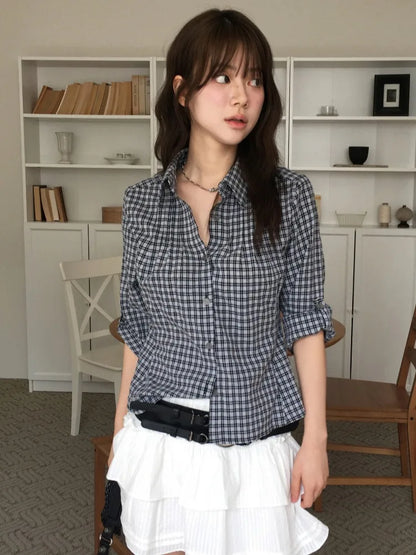 Slimming Plaid Shirt Women's New Chic Spring Vintage Turn-down Collar Waist-cinching Long Sleeve  Collar Top Korean Style