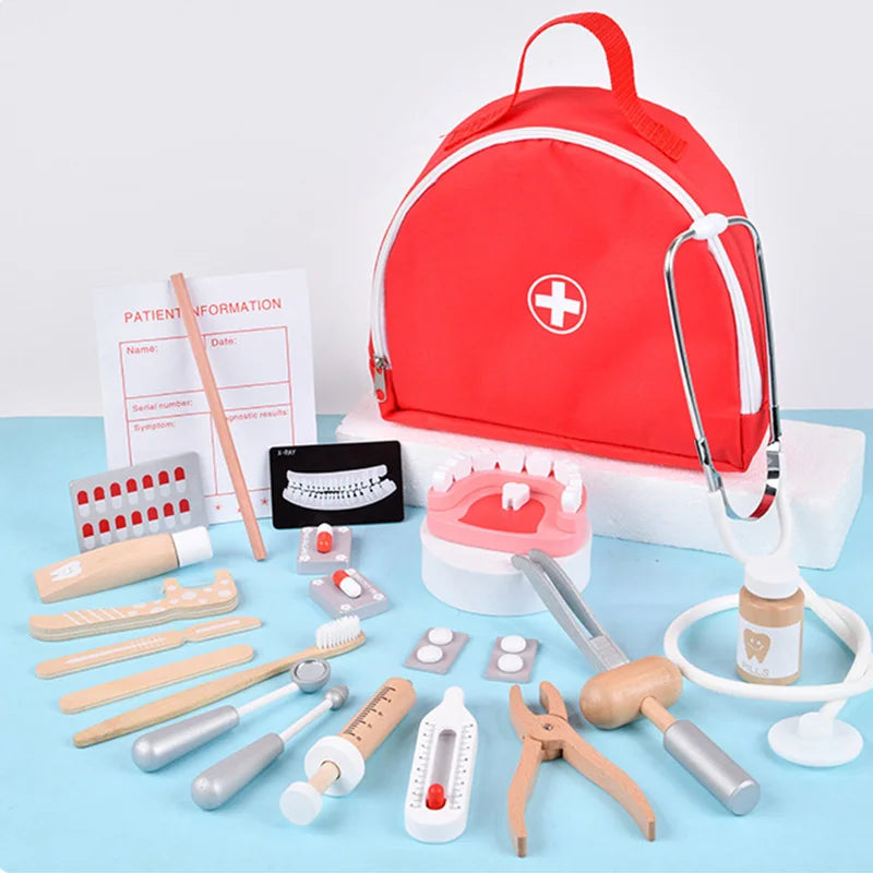 Pretend Play Doctor Toys Wooden Simulation Dentist Check Brush Teeth Medicine Set Role Playing Educational Toys For Children Kid