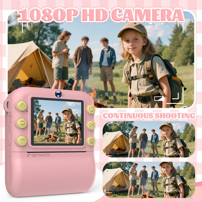 Instant Print Camera 2.8 Inch Large Screen HD Digital Video Camera for Kids Outdoor Zero Ink Portable Print Toy Camera Kid Gift
