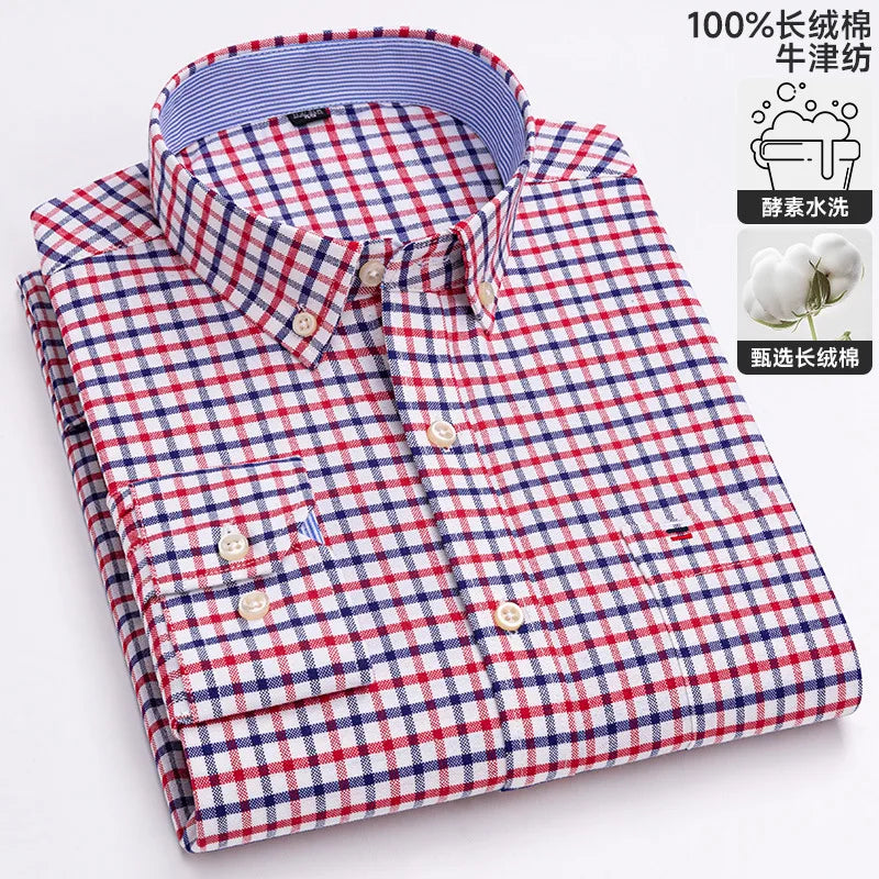 100% cotton men's long-sleeved shirt, casual plaid cotton shirt for young and middle-aged people, large size, authentic shirt