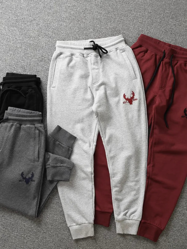 Autumn American Retro Terry Knitted Embroidery Sweatpants Men's Simple Elastic Waist Drawstring Sport Casual Youth Slim Pants