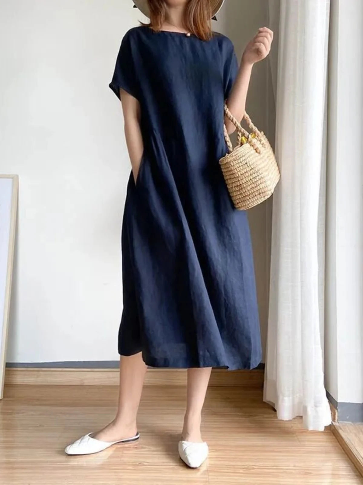 Casual Cotton Linen Dress Artistic Short Sleeve Midi Skirt Women's Fashion Summer round Neck Single Piece A-Line Skirt