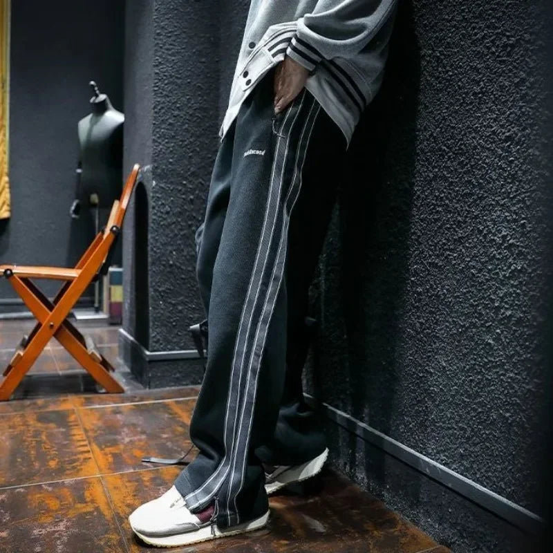 Sweatpants for Men Cotton Trousers Man Sports Pants Autumn and Winter Striped Goth Straight Harajuku Retro Needle Track Big Size