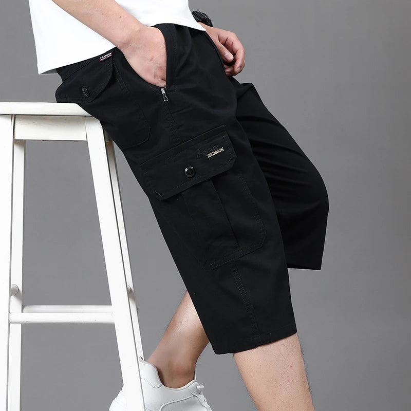 Summer Zipper Pocket Workwear Shorts Mens Knee Cargo Pants 2026 Cotton Shorts Men Climbing Jogger Elastic Waist Sports Work Wear