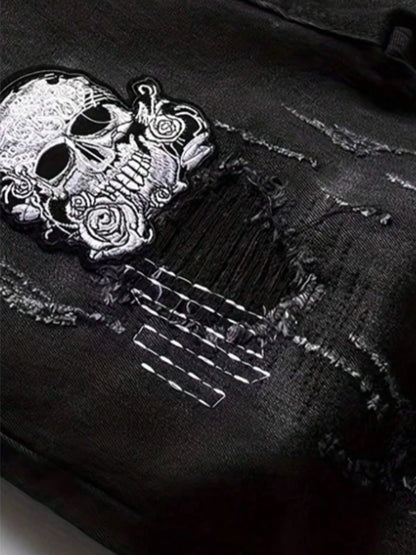 Men's Black Distressed Jeans Skull Patch & Embroidery Letter Print Slim Fit Stretch Denim Pants Street Fashion Biker Trousers