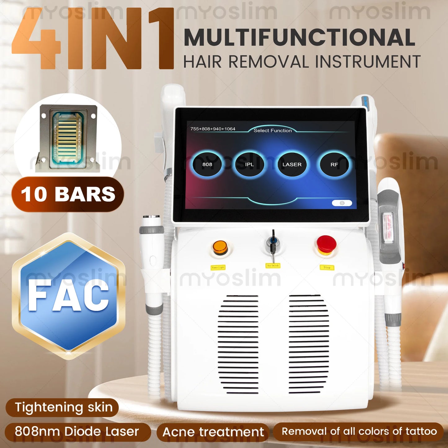 New 4-in-1 Titanium Ice 5000W RF Hair Removal 755/808/940/1064nm, Painless IPL Tattoo Removal Device CE