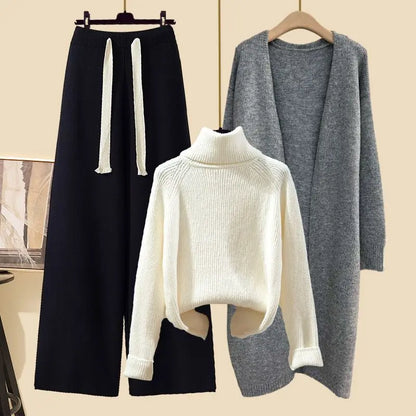 Fashionable Knitted Three-Piece Set Women's Autumn New Lazy Style Open Cardigan Outerwear Slimming Wide Leg Pants
