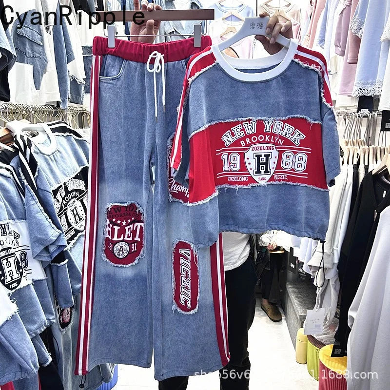 Fashionable Women Two-piece Sets Denim Splicing Letters Printed Loose Short Sleeve T-shirt Top+Elastic High Waist Straight Jeans