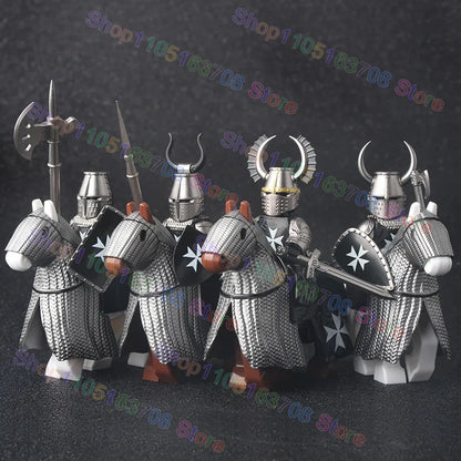 MOC Medieval Military Crusader Knight Building Blocks Castle Army Soldier Figure Horse Mount Shield Sword Accessories Bricks Toy