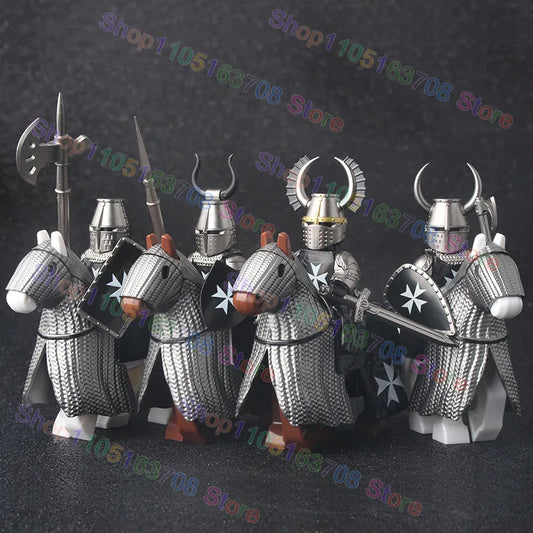 MOC Medieval Military Crusader Knight Building Blocks Castle Army Soldier Figure Horse Mount Shield Sword Accessories Bricks Toy