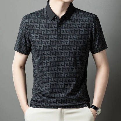 Summer Slim-Fit Men's Short-Sleeved Polo Shirt Classic Lapel Single-Breasted Placket Meander Pattern Casual Style Men's Clothing