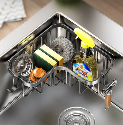 Kitchen Carbon Steel Sink Drain Rack No-Punching Wall Mounted Corner Dishcloth Storage Rack Waterproof Space Saving
