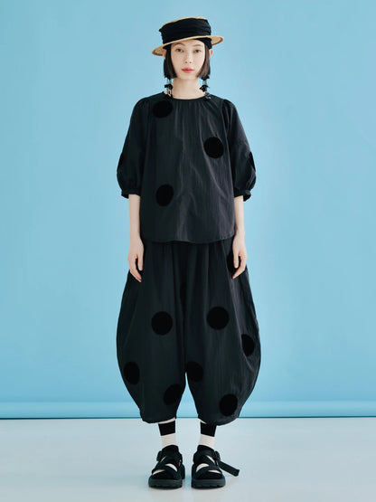 IMAKOKONI Original Design Black Polka Dot Half Sleeve Pullover T-shirt Loose Thin Casual Top Summer Women's 223688