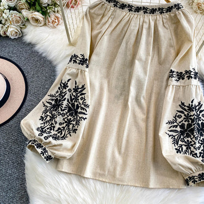 Bohemian Vacation Style Women's Shirt round Neck Lantern Sleeve Embroidery Heavy Work Autumn Design Sense Knot Design Top